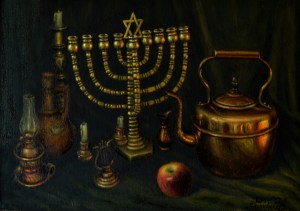No. 50  Still Life Copper Menorah with Apple-copyright
